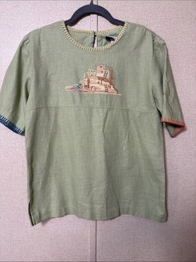 Starfire Southwestern Embroidered Trim Desert Pueblo Linen Blend Boho Top Size 8